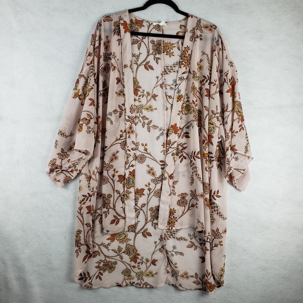 Maurices Women's Plus 0/1X Open Front Lightweight Kimono Top Neutral Floral Leaf